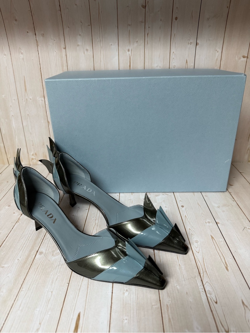 Prada Colorblock Pointed Toe d’Orsay Pumps Blue/Dark Grey Sz 37.5 / 7.5 - Picture 2 of 15